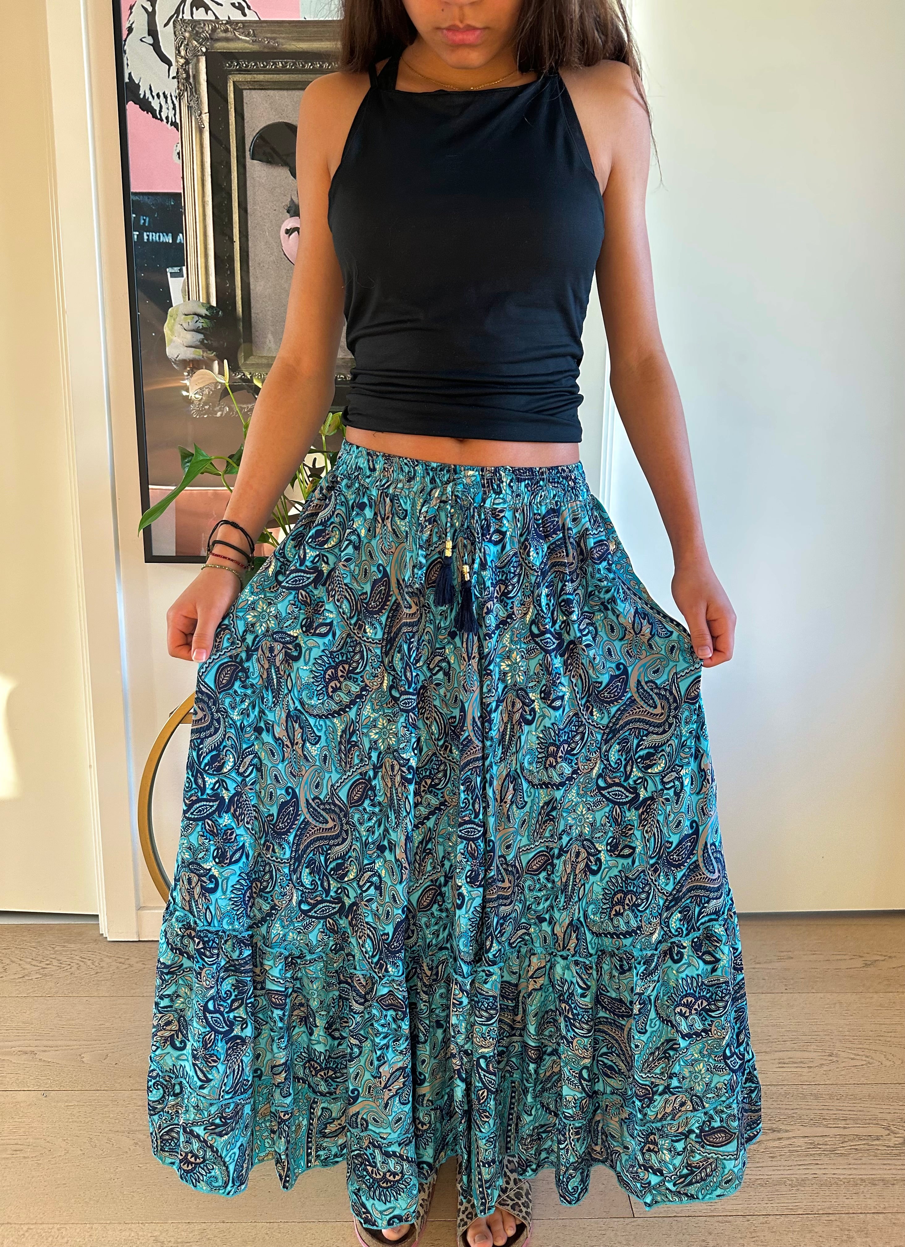Azure Maxi Skirt (with gold foil) - Blue