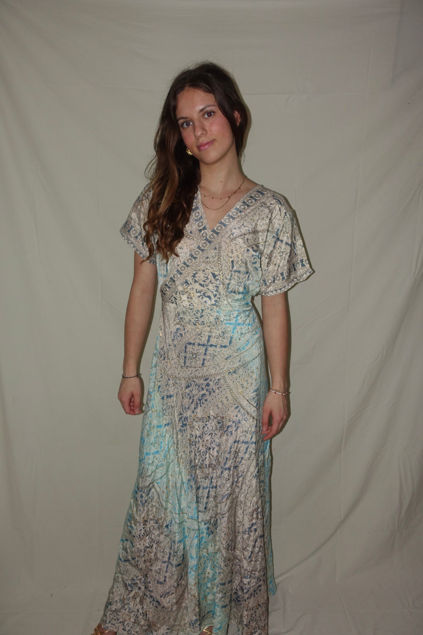 Long Silvia Wrap Dress (Gold Foil) - Blue + Silver