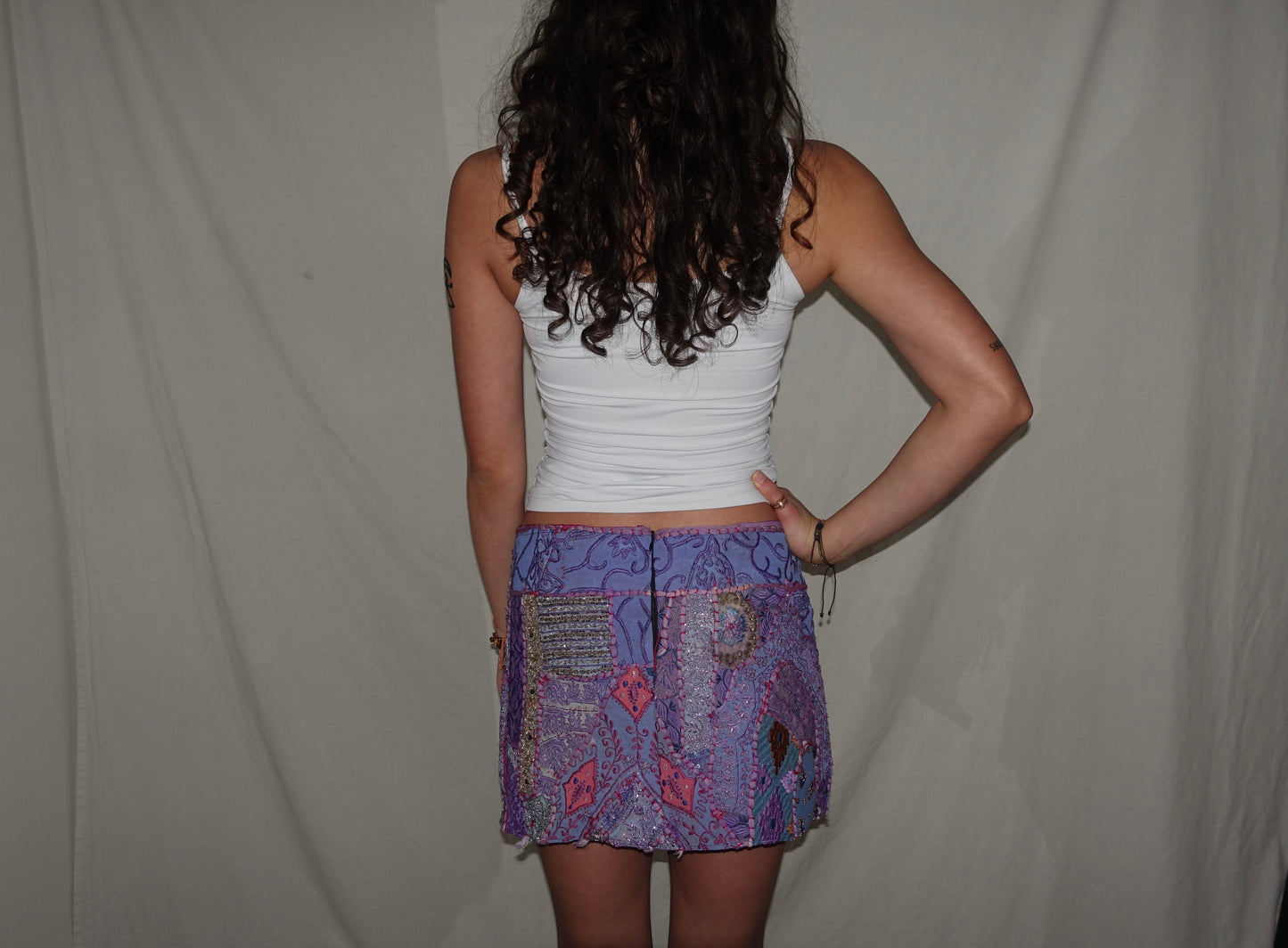 Vintage Sari Beaded Patchwork Bohemian Skirt - Purple (XS-S)