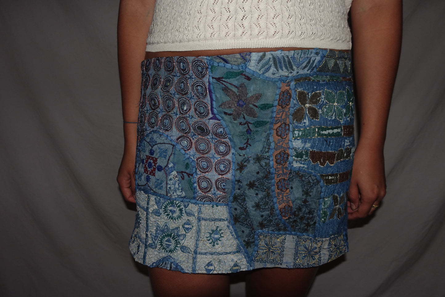 Vintage Sari Beaded Patchwork Bohemian Skirt - Light Blue (M-L)