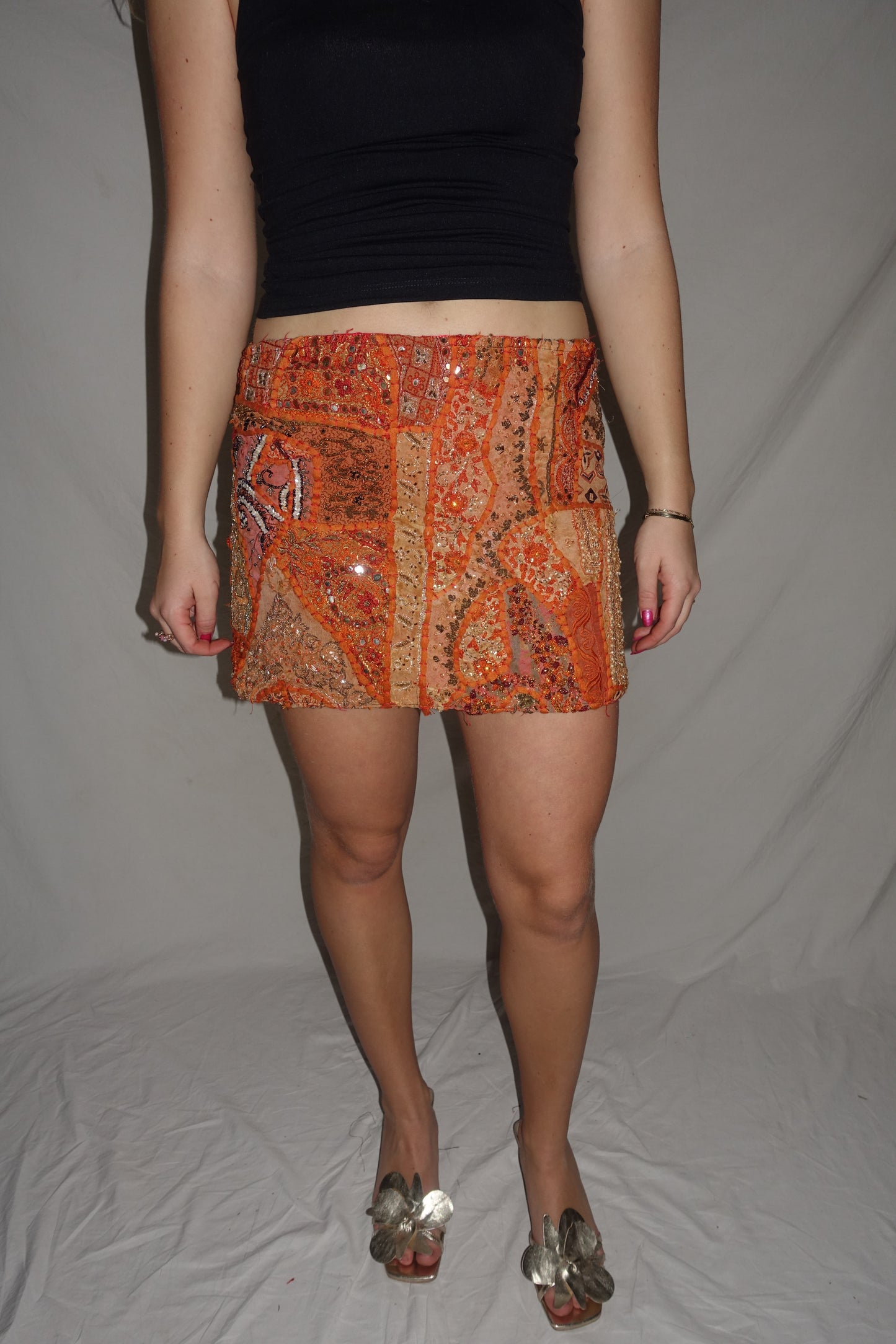 Vintage Sari Beaded Patchwork Bohemian Skirt - Orange (XS-S)