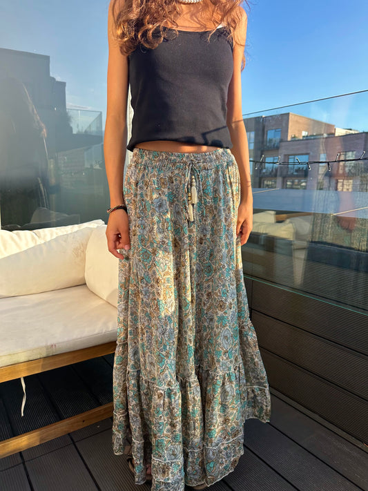 Floral Maxi Skirt - Light Beige / Blue
