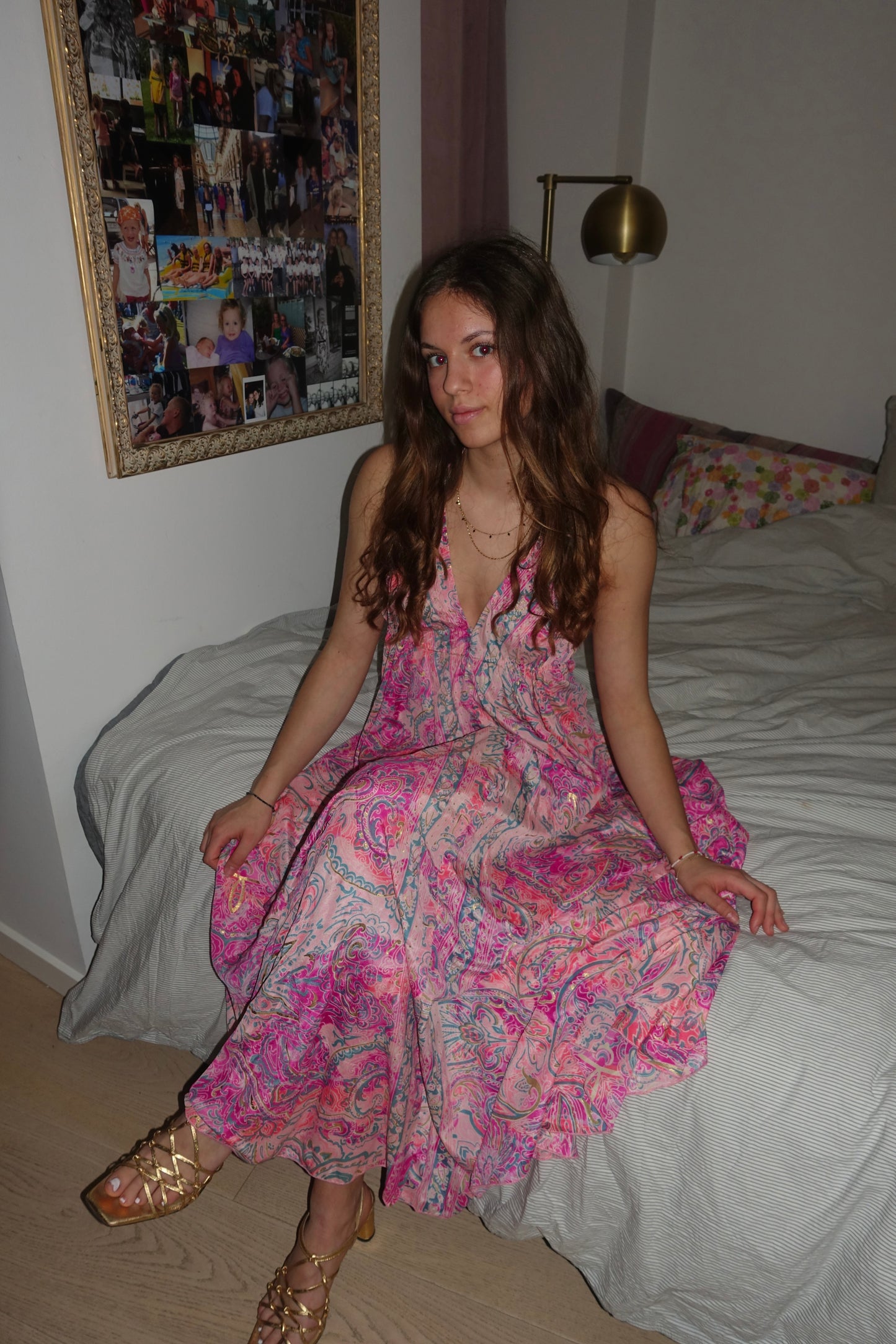 Long Rosy Ibiza Dress (With Gold Foil) - Pink