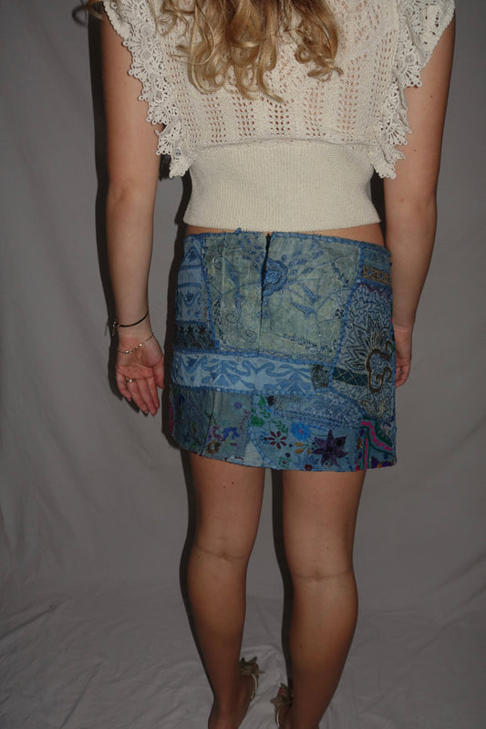 Vintage Sari Beaded Patchwork Bohemian Skirt - Blue (XS-S)
