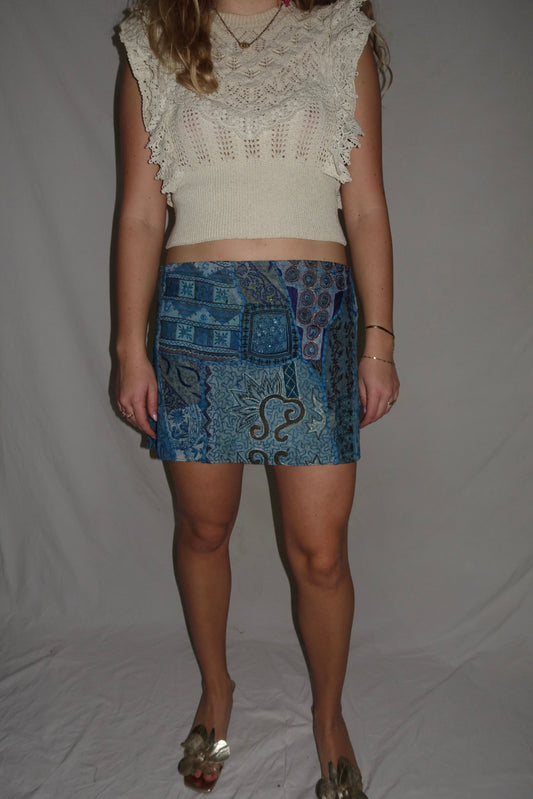 Vintage Sari Beaded Patchwork Bohemian Skirt - Blue (XS-S)