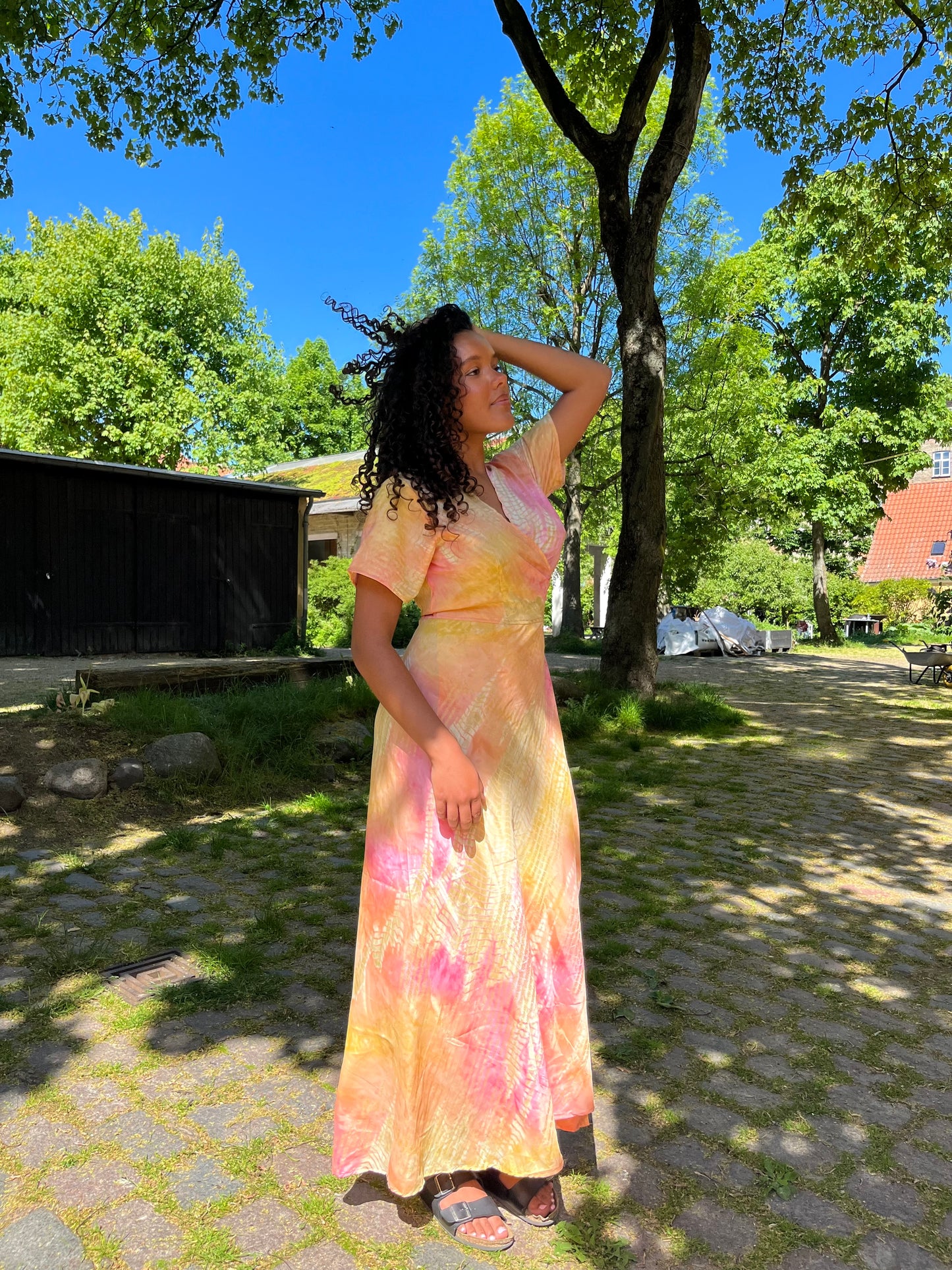 Long Wrap Dress (With Gold Foil) - Light Pink + Yellow