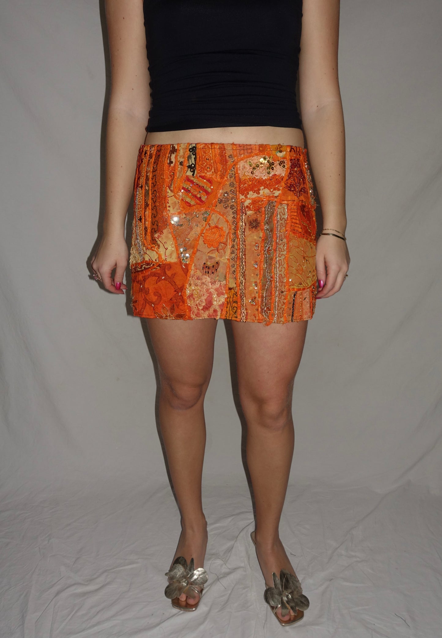 Vintage Sari Beaded Patchwork Bohemian Skirt - Orange (XS-S)