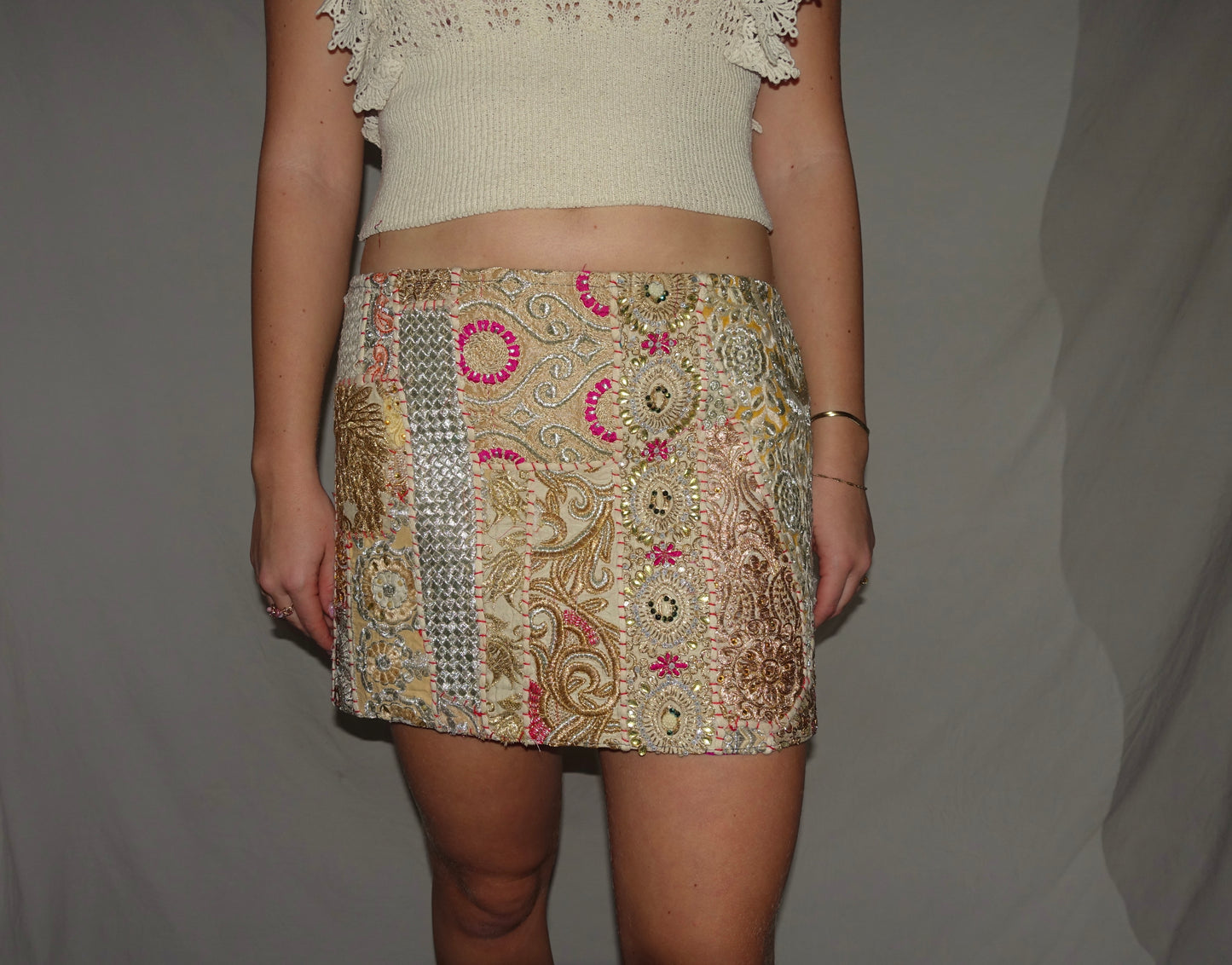 Vintage Sari Beaded Patchwork Bohemian Skirt - Creme Gold (XS-S)