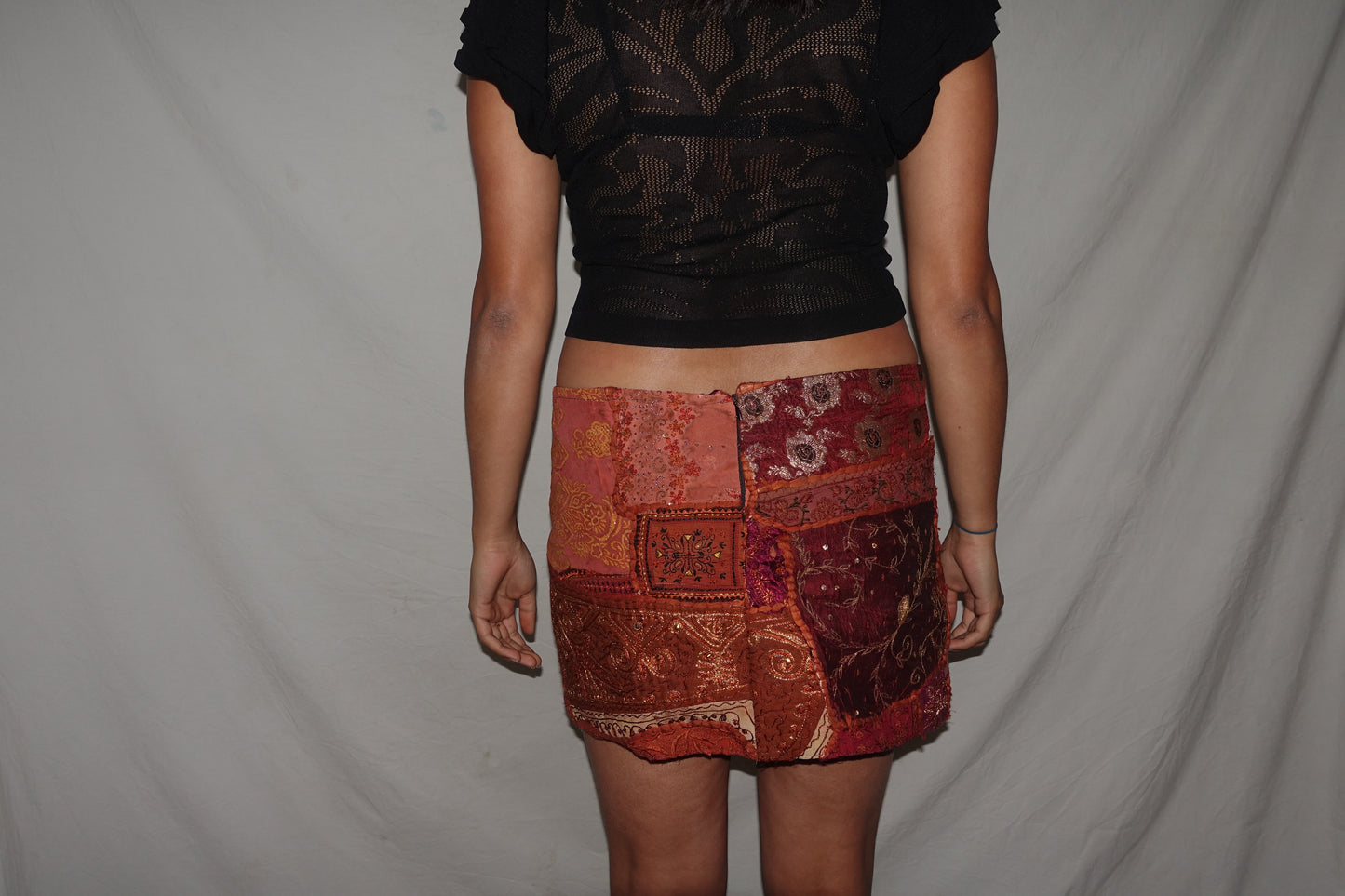 Vintage Sari Beaded Patchwork Bohemian Skirt - Orange (M-L)