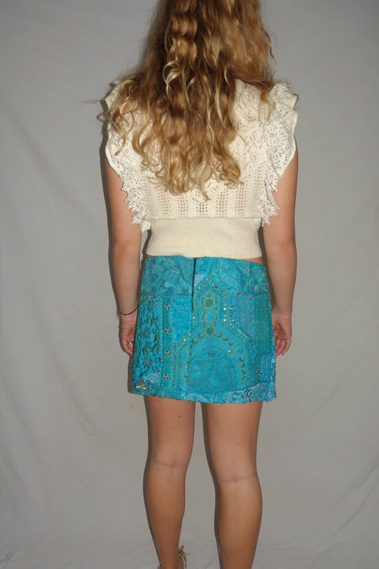 Vintage Sari Beaded Patchwork Bohemian Skirt - Turquoise (XS-S)