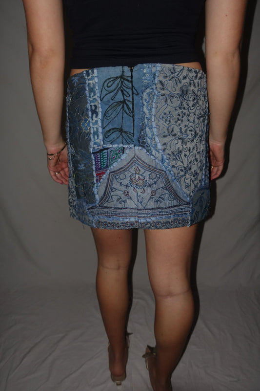 Vintage Sari Beaded Patchwork Bohemian Skirt - Light Blue (XS-S)