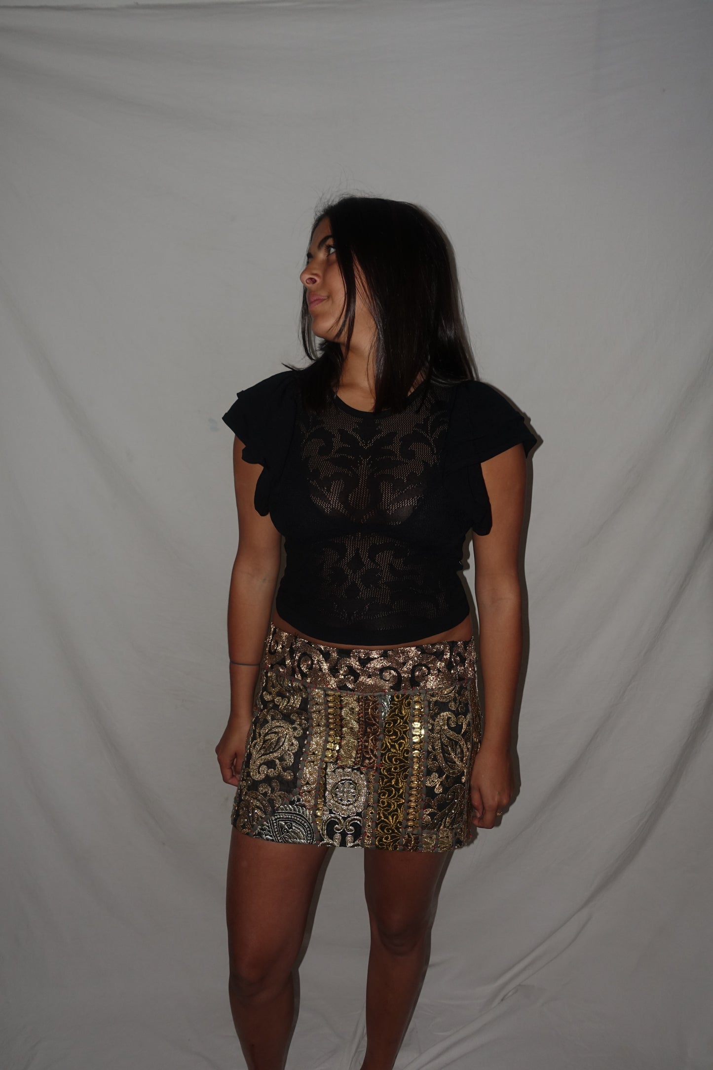 Vintage Sari Beaded Patchwork Bohemian Skirt - Black/Gold (M-L)