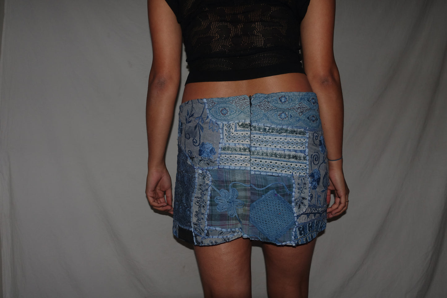 Vintage Sari Beaded Patchwork Bohemian Skirt - Blue (M-L)