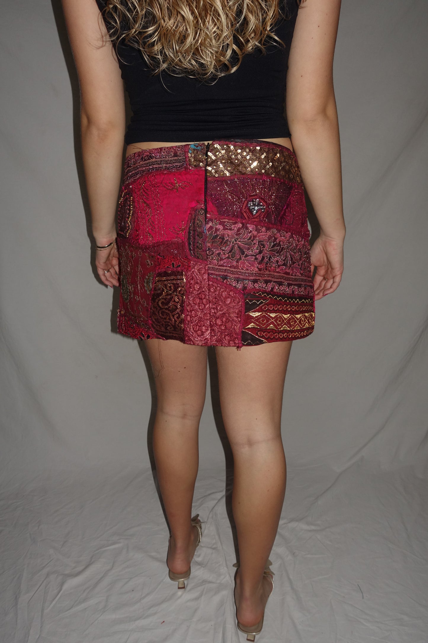 Vintage Sari Beaded Patchwork Bohemian Skirt - Red (XS-S)