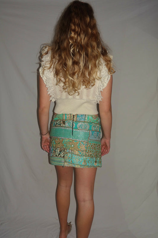 Vintage Sari Beaded Patchwork Bohemian Skirt - Light Green (XS-S)