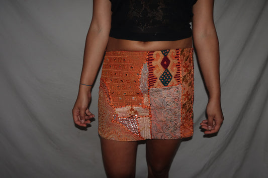 Vintage Sari Beaded Patchwork Bohemian Skirt - Orange (M-L)