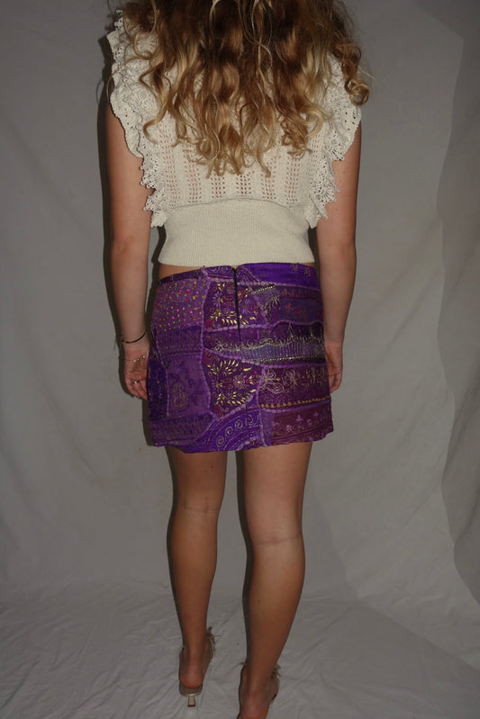 Vintage Sari Beaded Patchwork Bohemian Skirt - Dark Purple (XS-S)