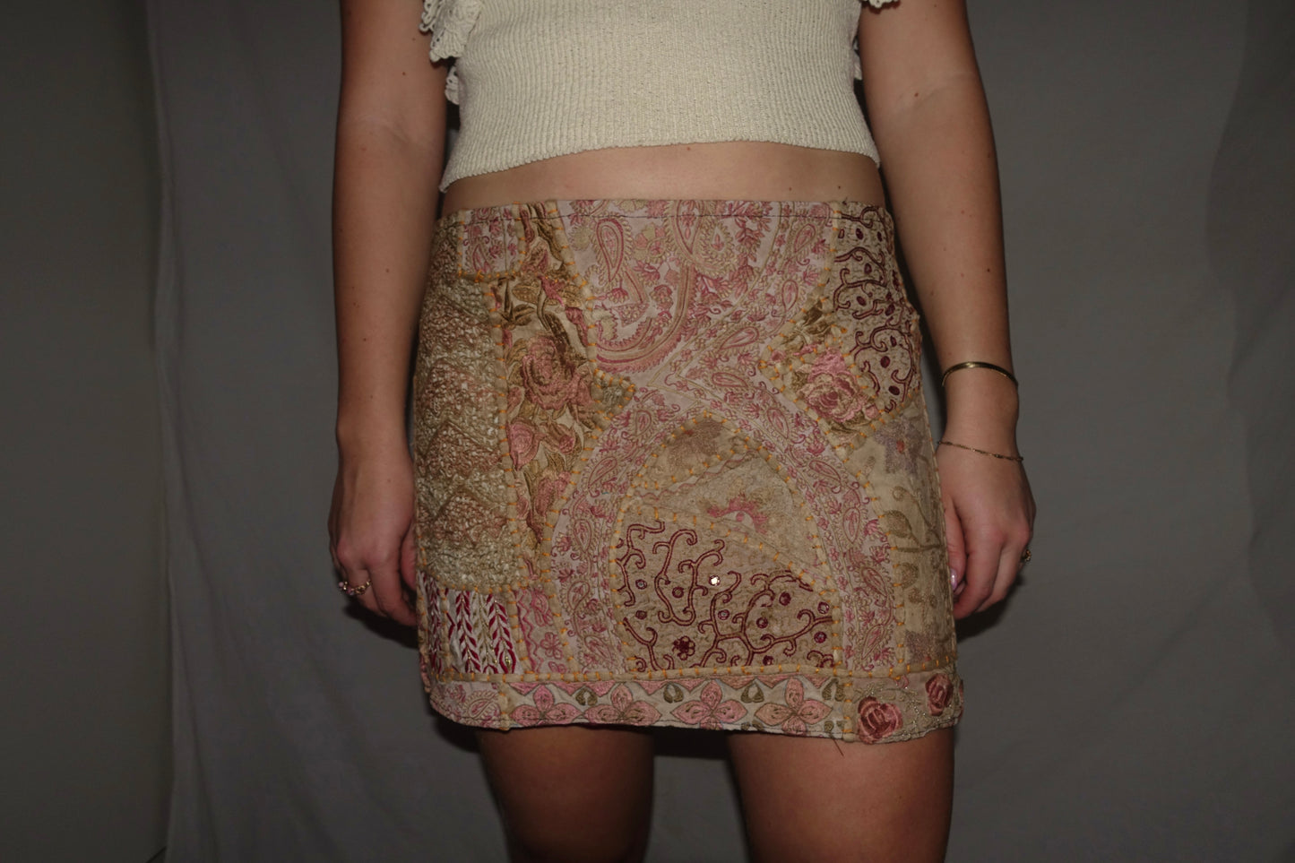 Vintage Sari Beaded Patchwork Bohemian Skirt - Creme Gold (XS-S)