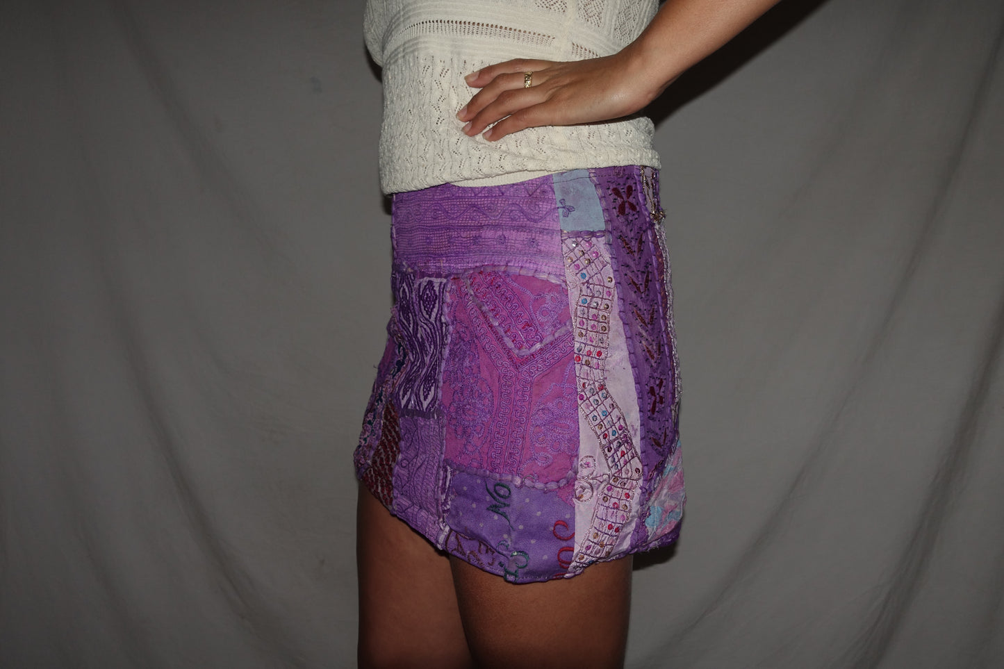 Vintage Sari Beaded Patchwork Bohemian Skirt - Purple (M-L)