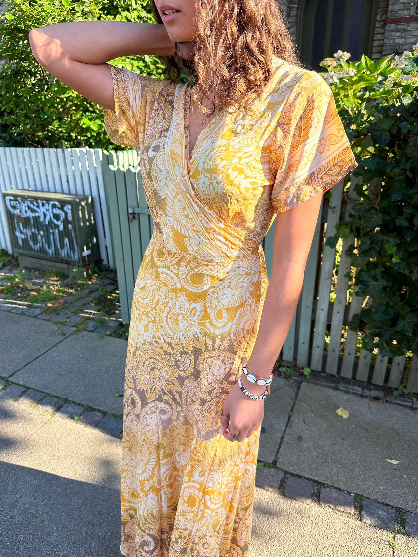 Long Wrap Dress Yara (Gold Foil) - Goldy Yellow