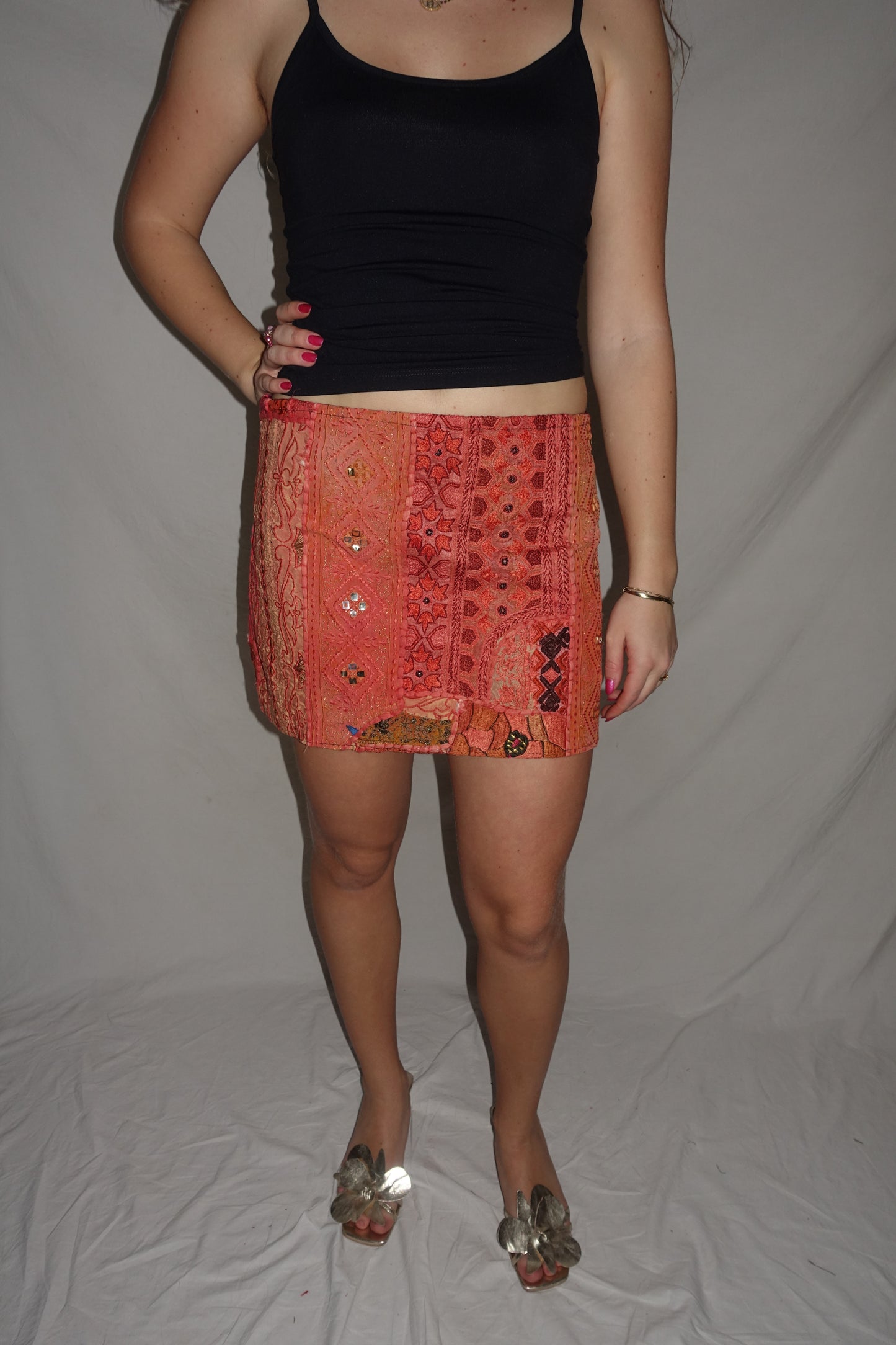 Vintage Sari Beaded Patchwork Bohemian Skirt - Peach (XS-S)