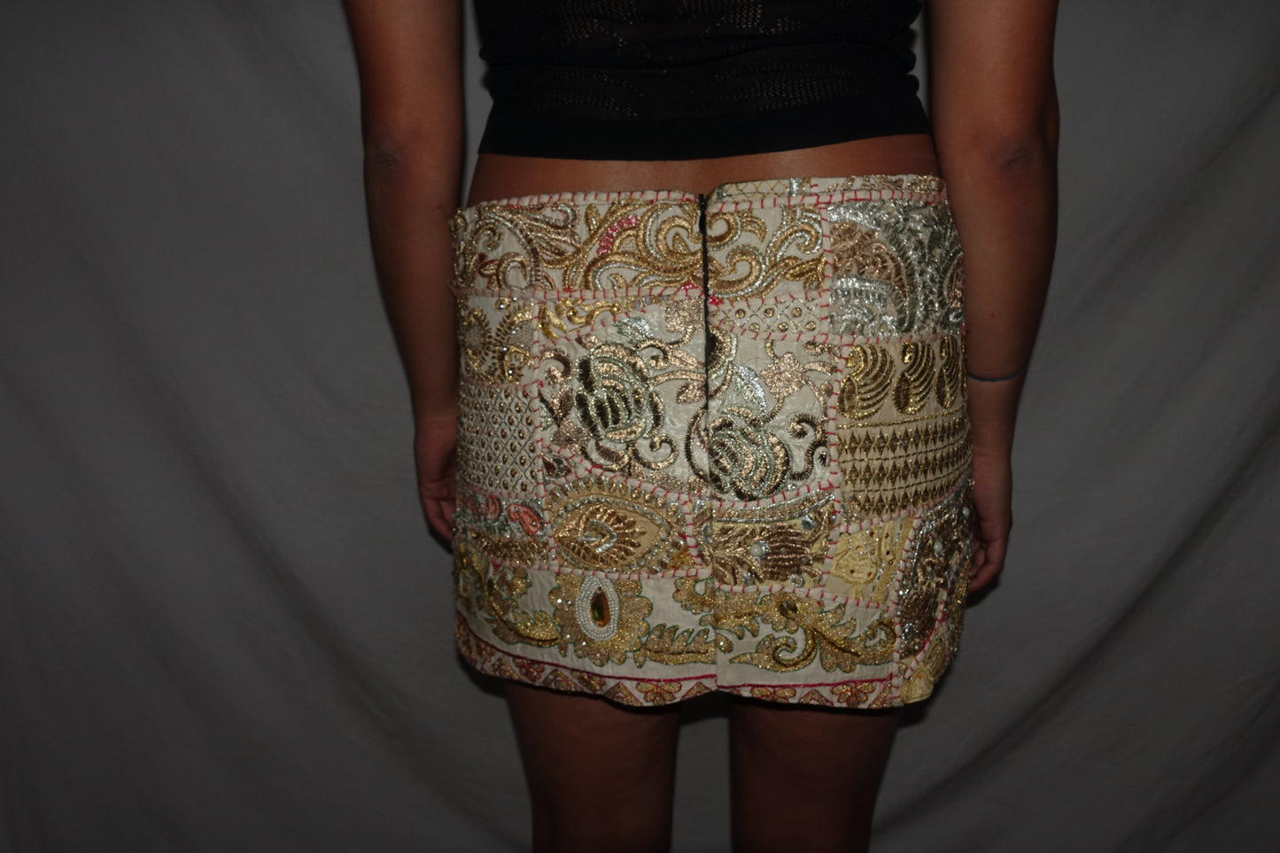Vintage Sari Beaded Patchwork Bohemian Skirt - Creme Gold (M-L)