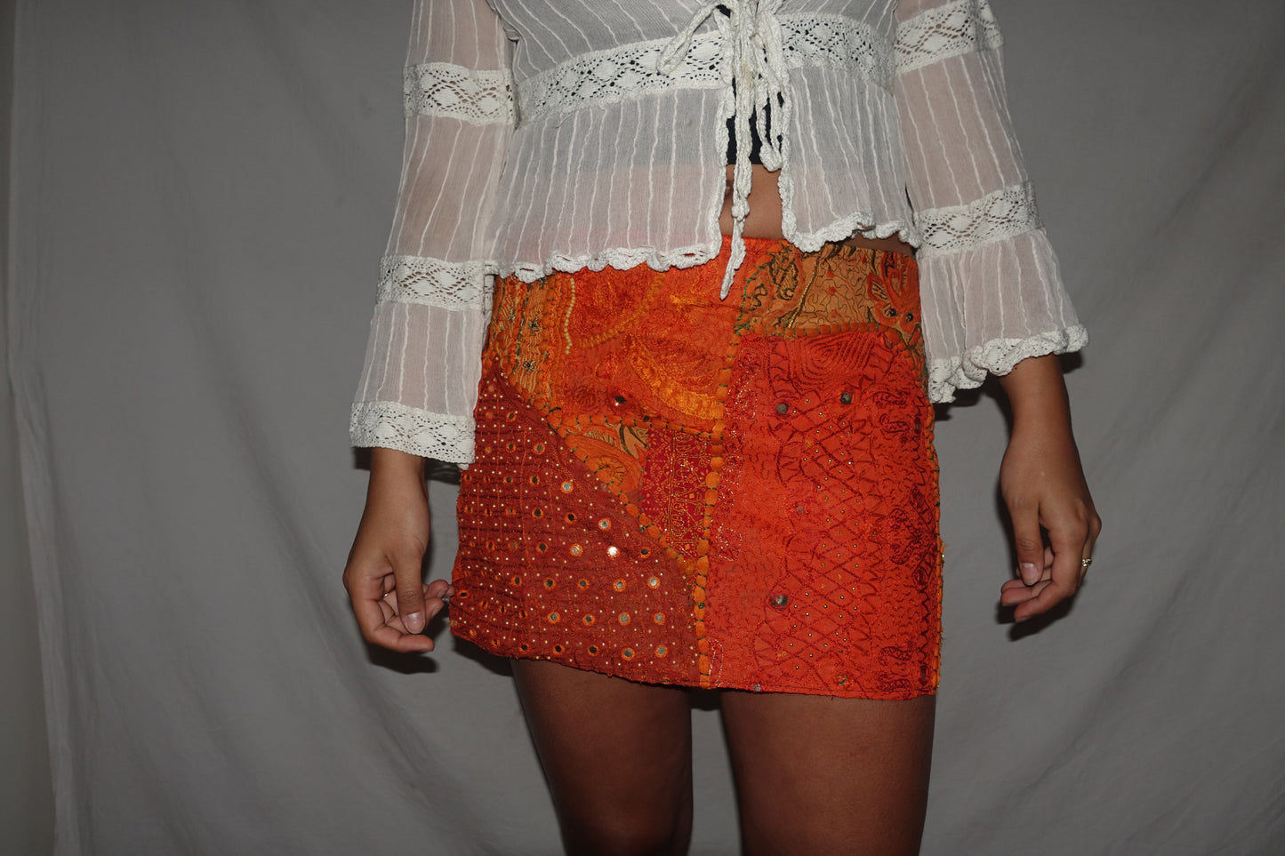 Vintage Sari Beaded Patchwork Bohemian Skirt - Orange (M-L)