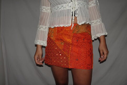 Vintage Sari Beaded Patchwork Bohemian Skirt - Orange (M-L)