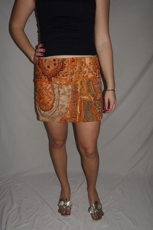 Vintage Sari Beaded Patchwork Bohemian Skirt - Orange (XS-S)