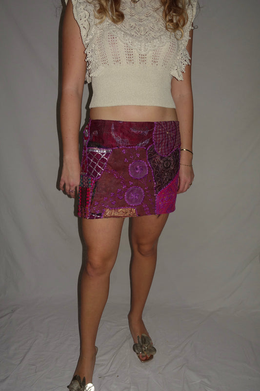 Vintage Sari Beaded Patchwork Bohemian Skirt - Purple (XS-S)