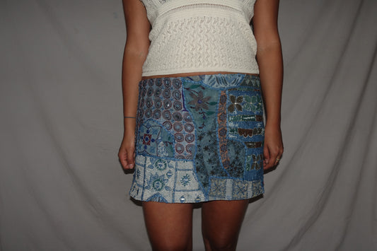 Vintage Sari Beaded Patchwork Bohemian Skirt - Light Blue (M-L)