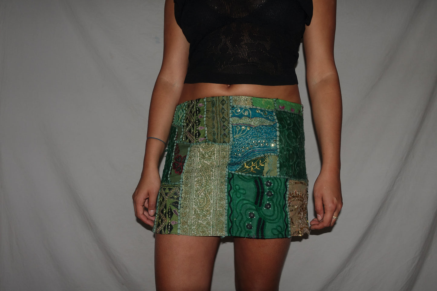 Vintage Sari Beaded Patchwork Bohemian Skirt - Green (M-L)