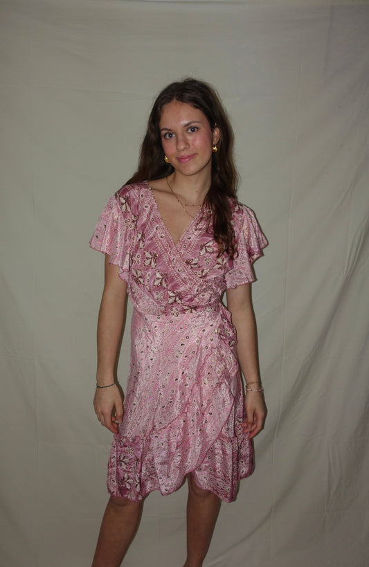 Short Wrap Dress Lila (Gold Foil) - Light Pink