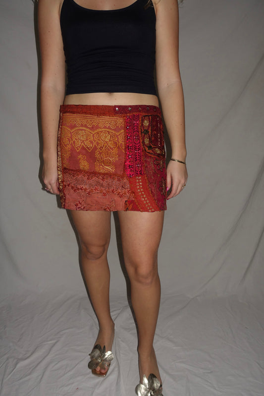 Vintage Sari Beaded Patchwork Bohemian Skirt - Reddish/Orange (XS-S)