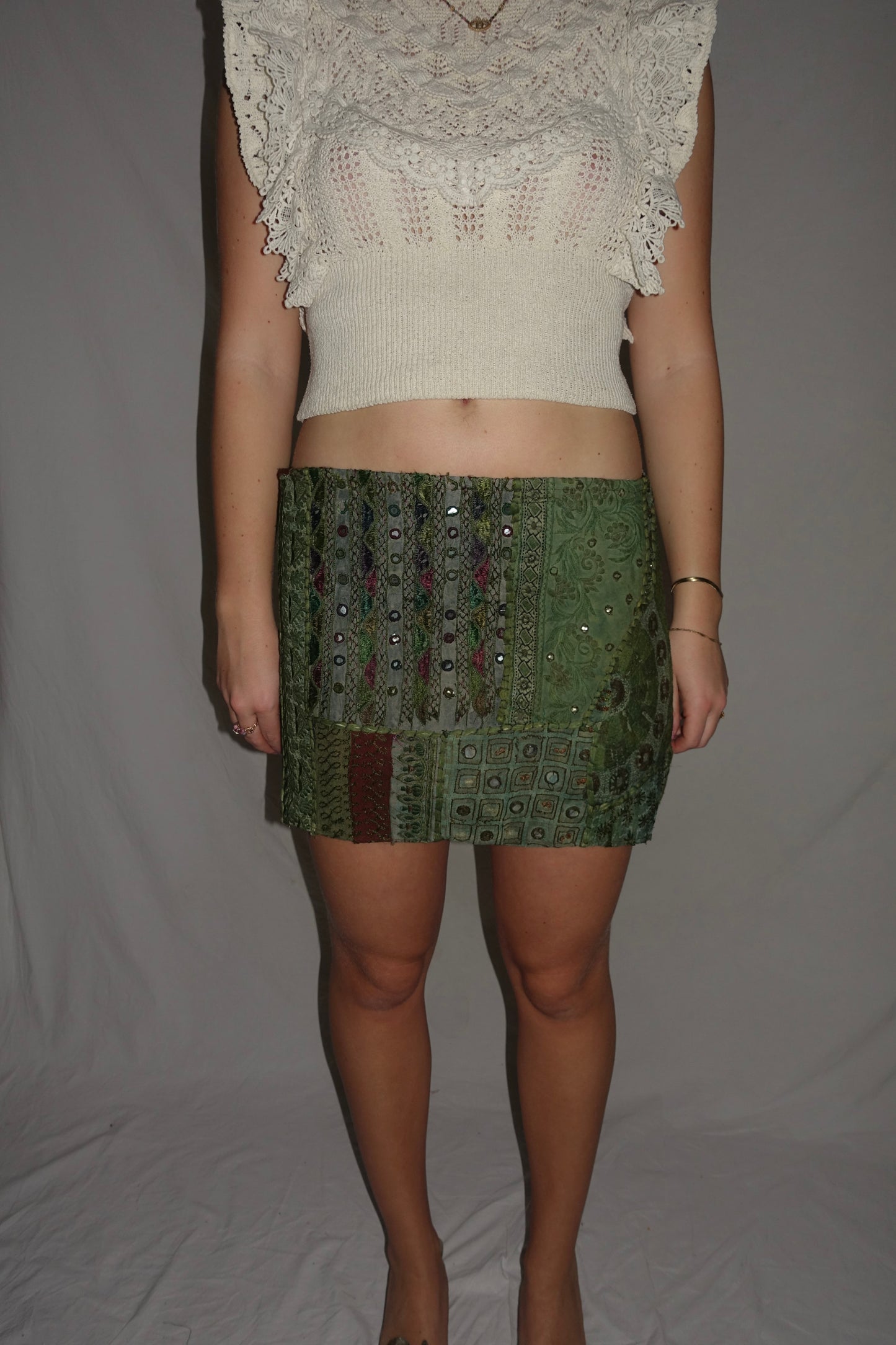 Vintage Sari Beaded Patchwork Bohemian Skirt - Army Green (XS-S)