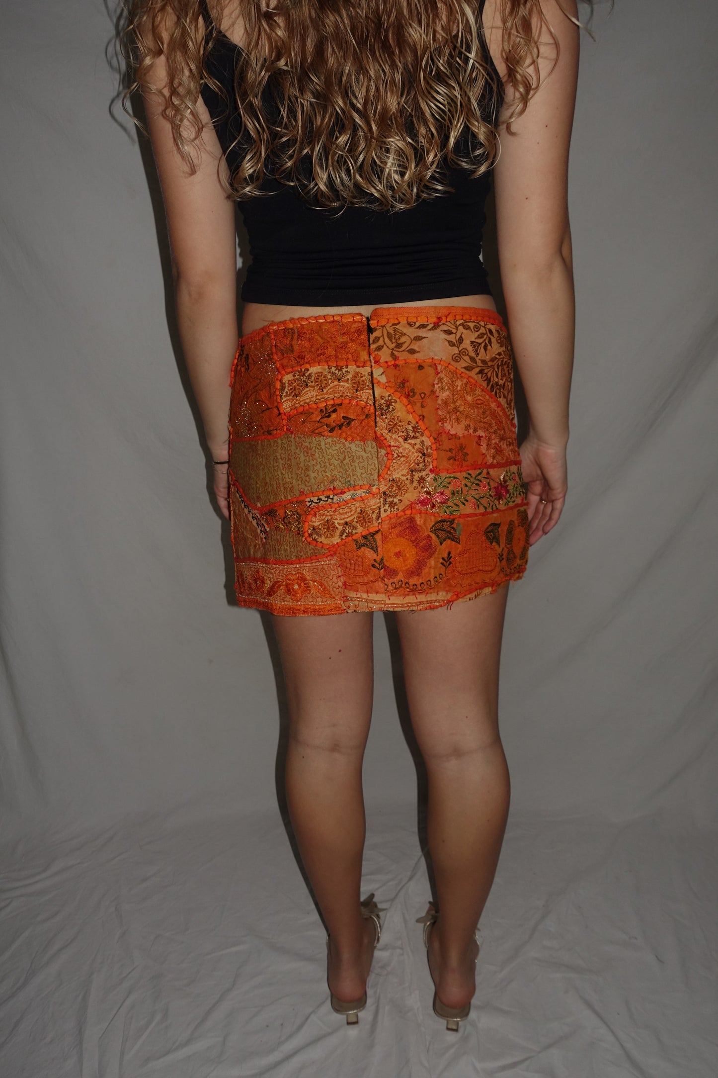 Vintage Sari Beaded Patchwork Bohemian Skirt - Orange (XS-S)