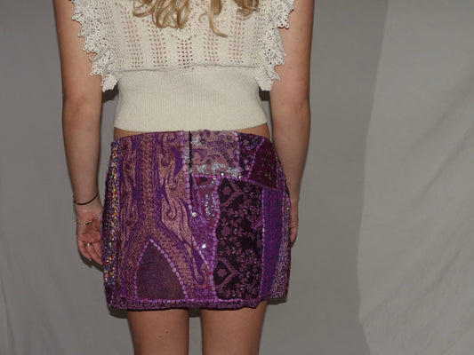 Vintage Sari Beaded Patchwork Bohemian Skirt - Dark Purple (XS-S)