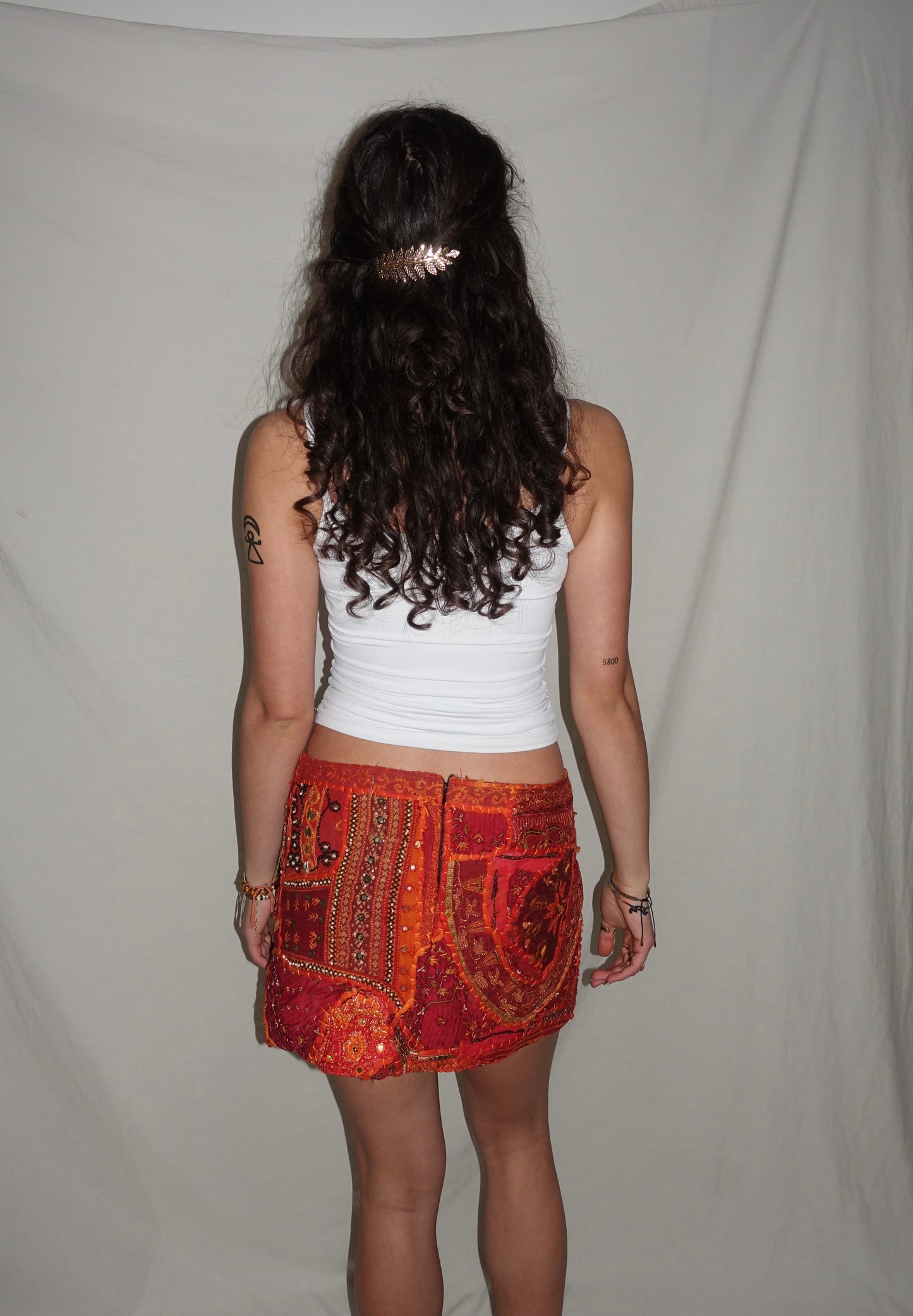 Vintage Sari Beaded Patchwork Bohemian Skirt - Orange (XS-S)