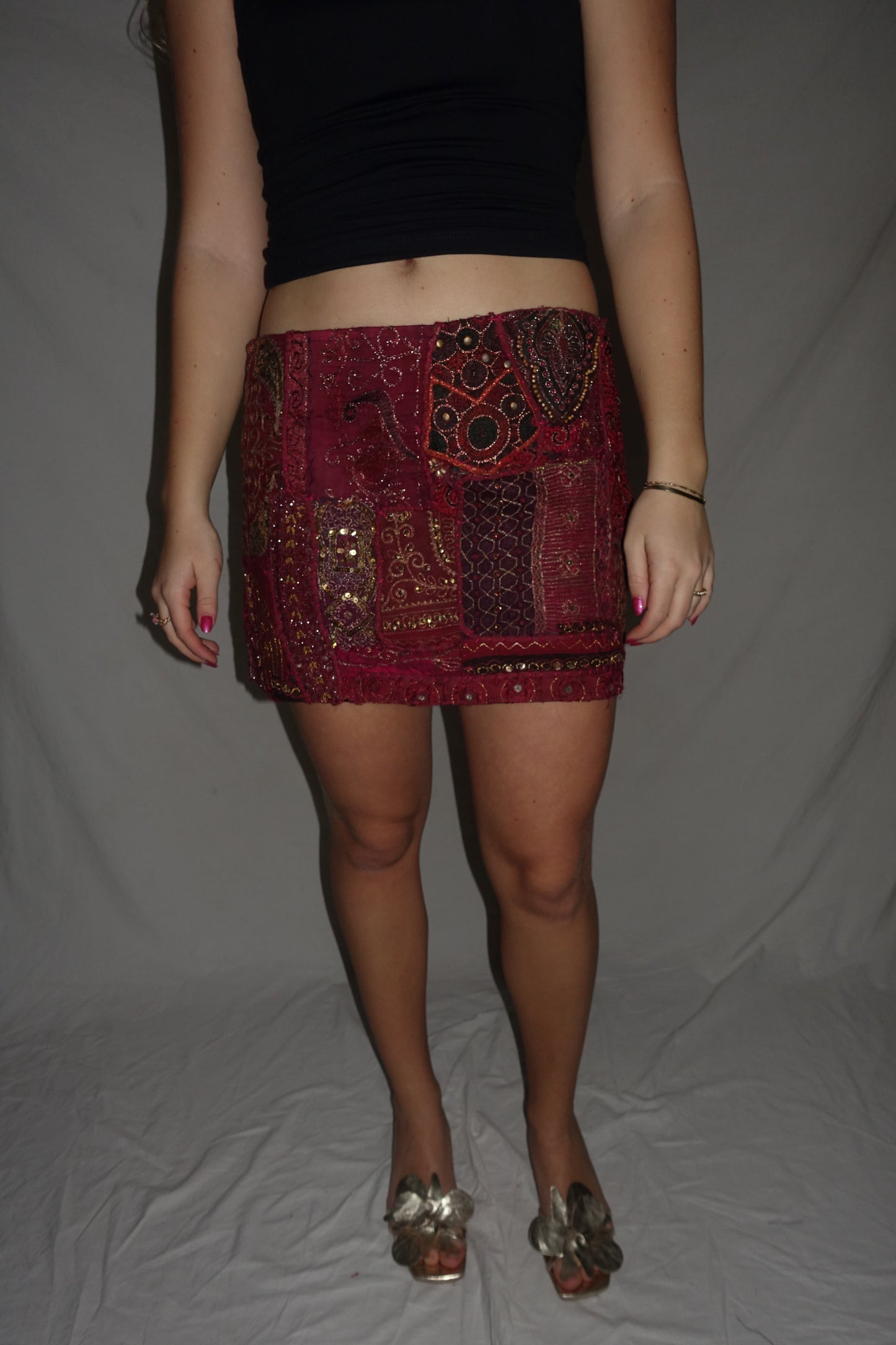 Vintage Sari Beaded Patchwork Bohemian Skirt - Red (XS-S)