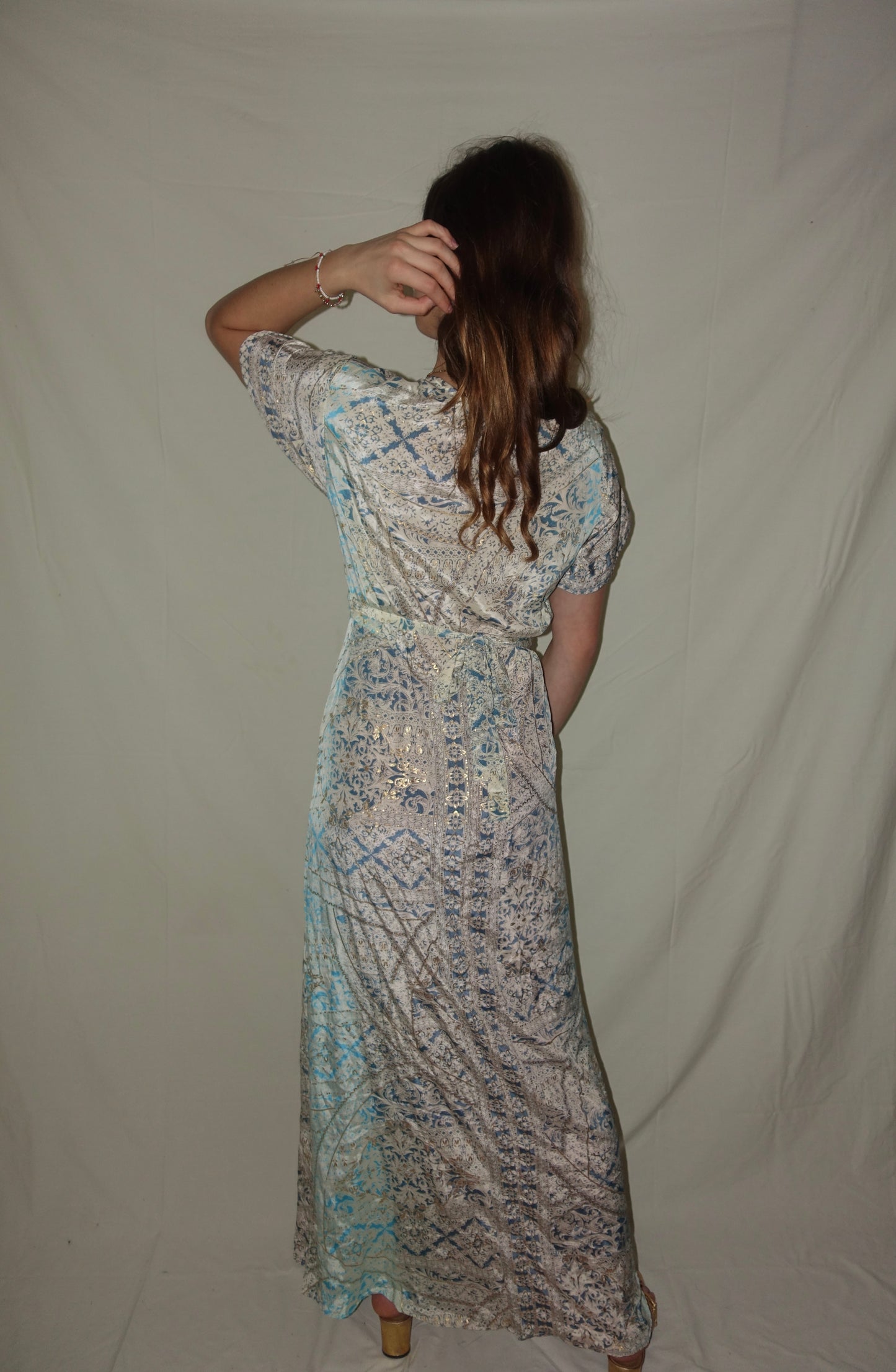 Long Silvia Wrap Dress (Gold Foil) - Blue + Silver