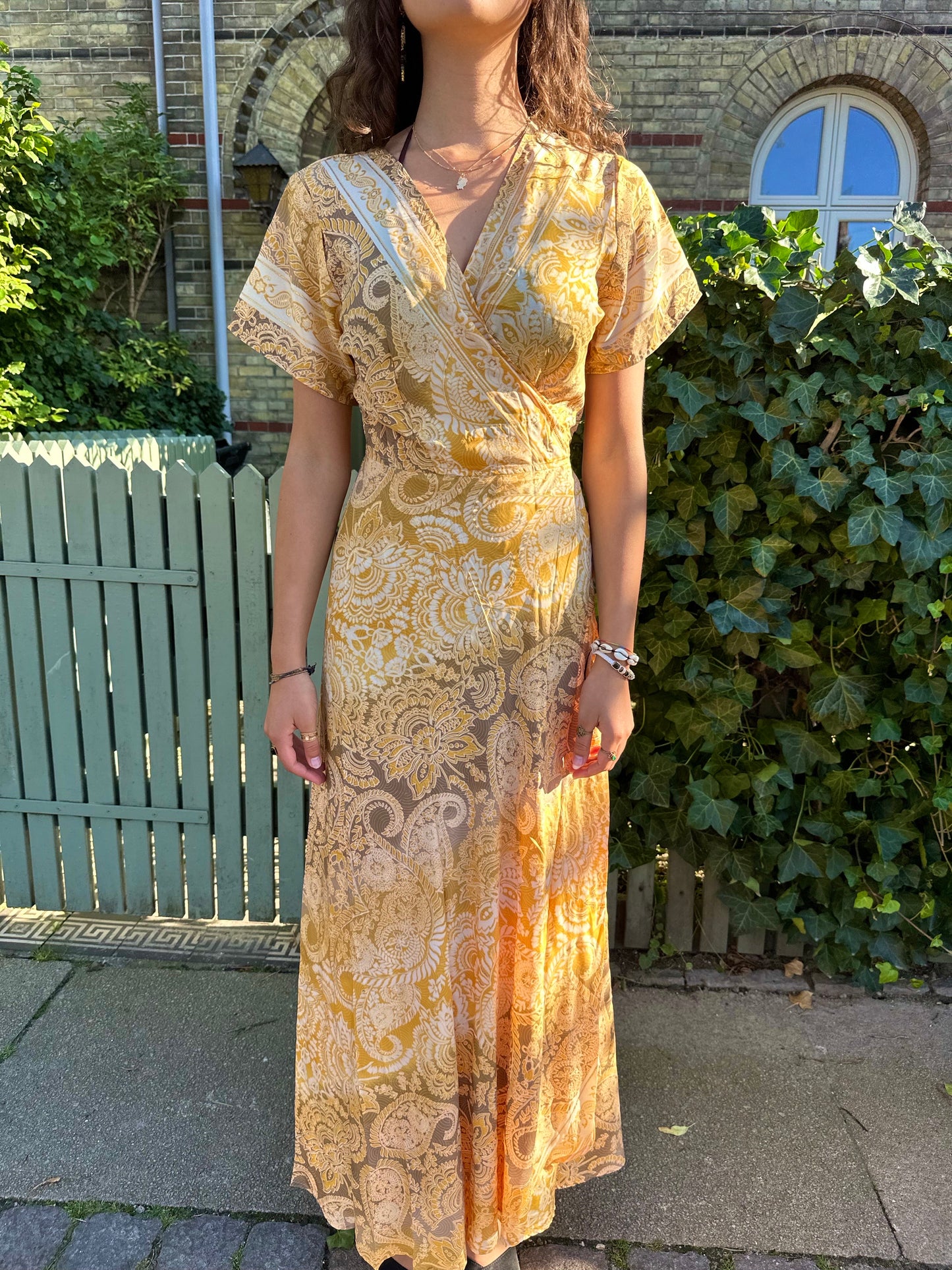 Long Wrap Dress Yara (Gold Foil) - Goldy Yellow