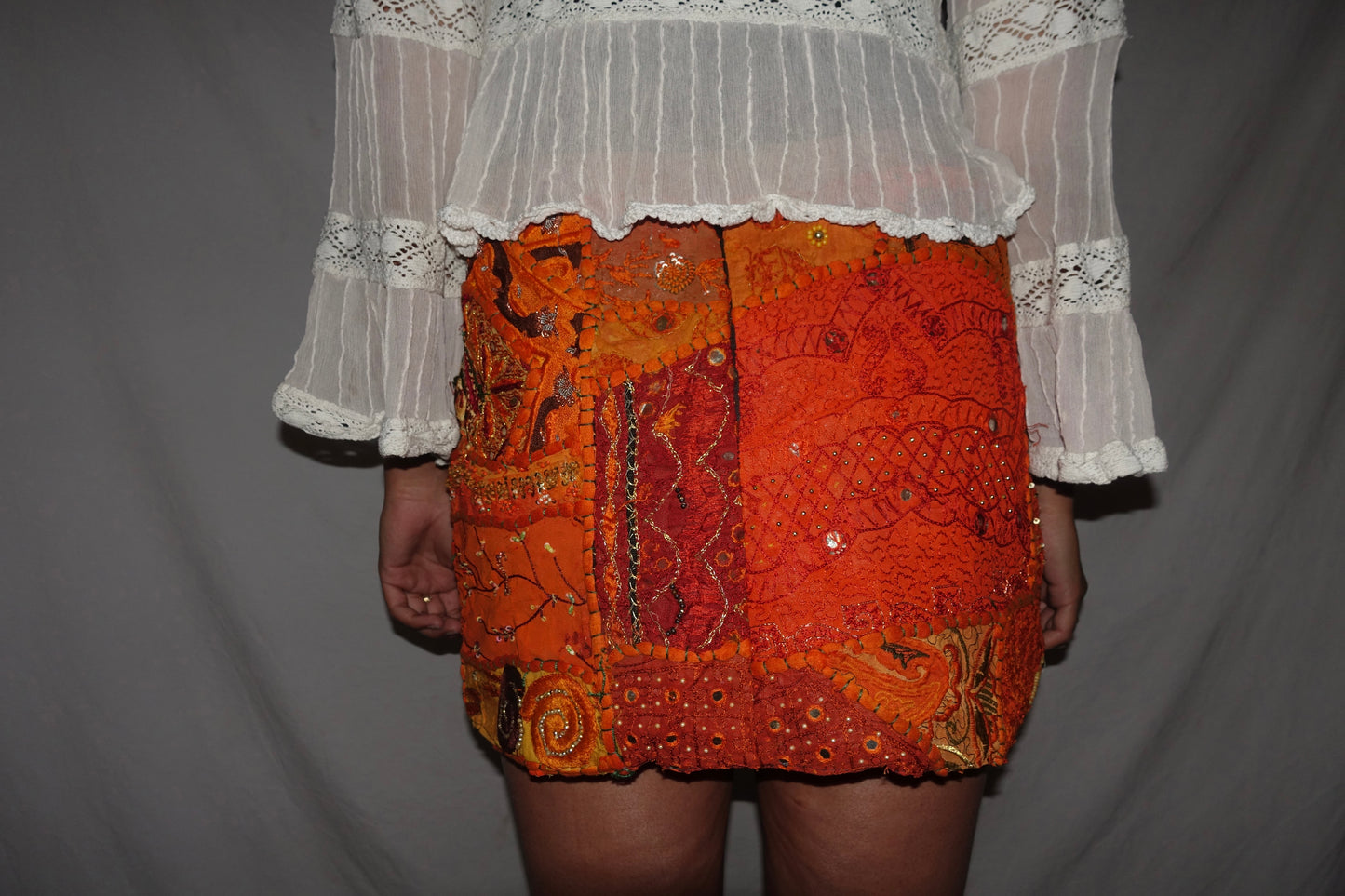 Vintage Sari Beaded Patchwork Bohemian Skirt - Orange (M-L)