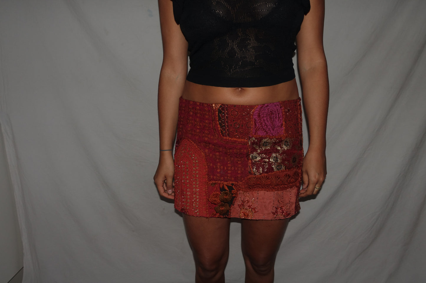 Vintage Sari Beaded Patchwork Bohemian Skirt - Orange (M-L)