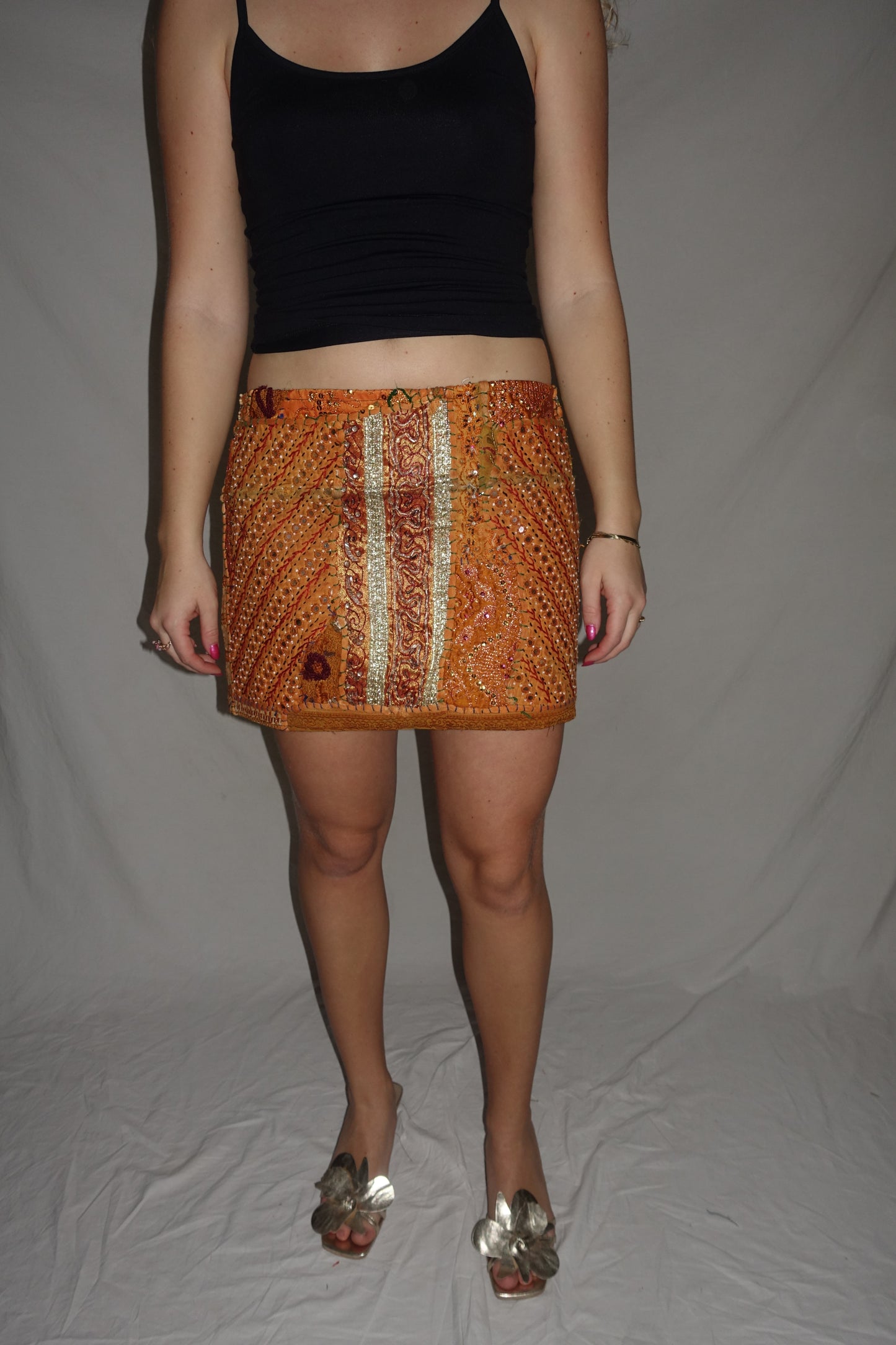 Vintage Sari Beaded Patchwork Bohemian Skirt - Orange (XS-S)