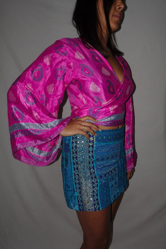Vintage Sari Beaded Patchwork Bohemian Skirt - Blue (M-L)