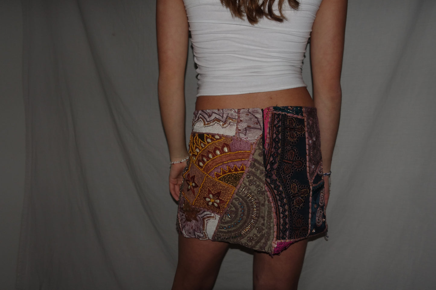 Vintage Sari Beaded Patchwork Bohemian Skirt - Rose (XS-S)