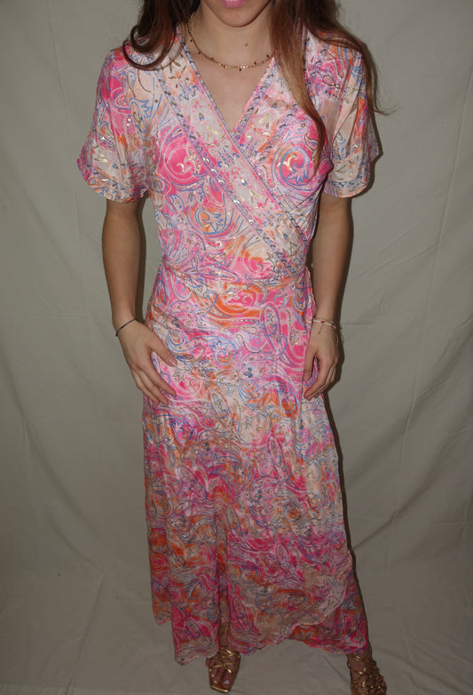 Long Wrap Emelia Dress (Gold Foil) - Pink + Orange