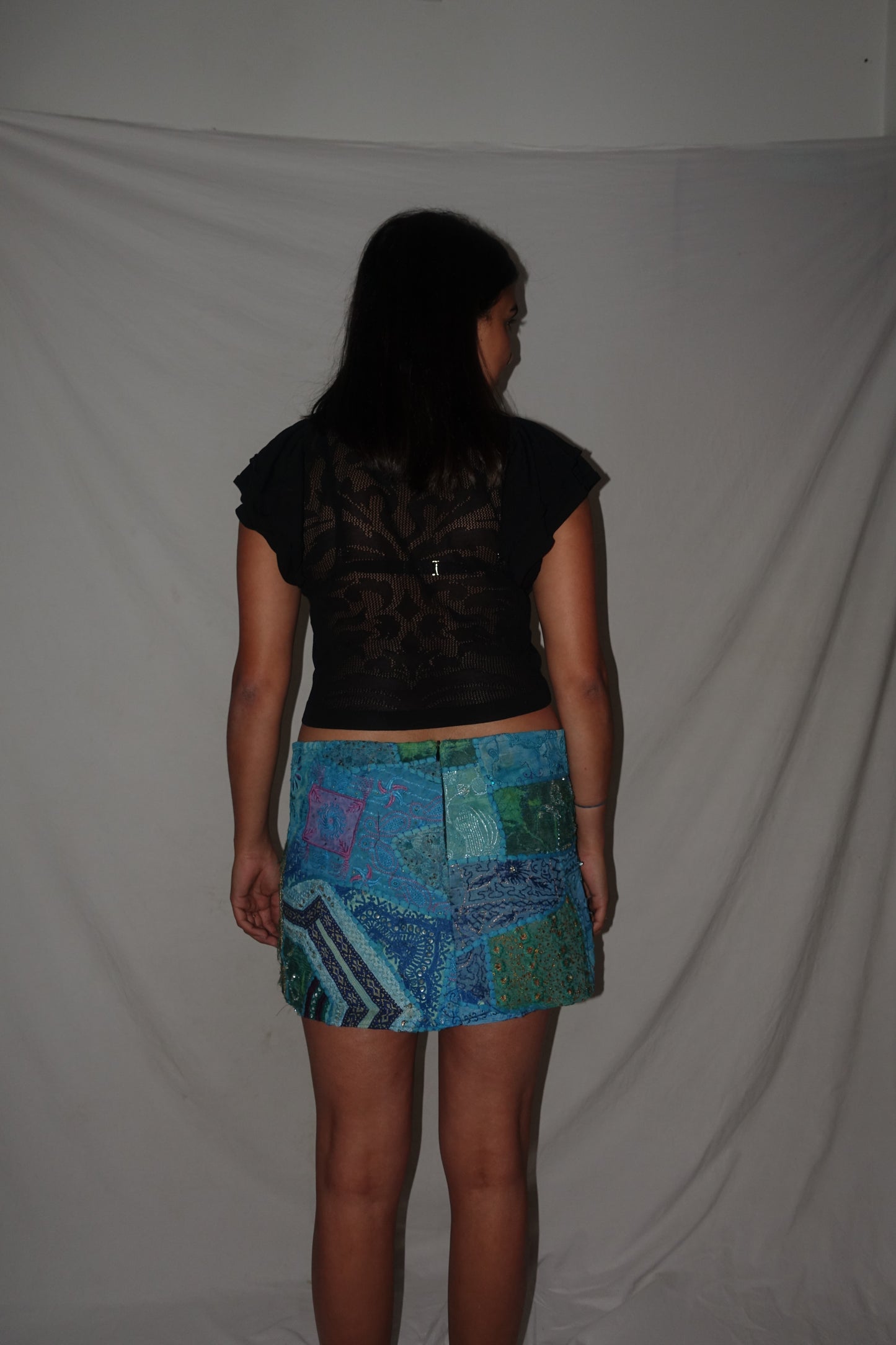 Vintage Sari Beaded Patchwork Bohemian Skirt - Blue/Green (M-L)