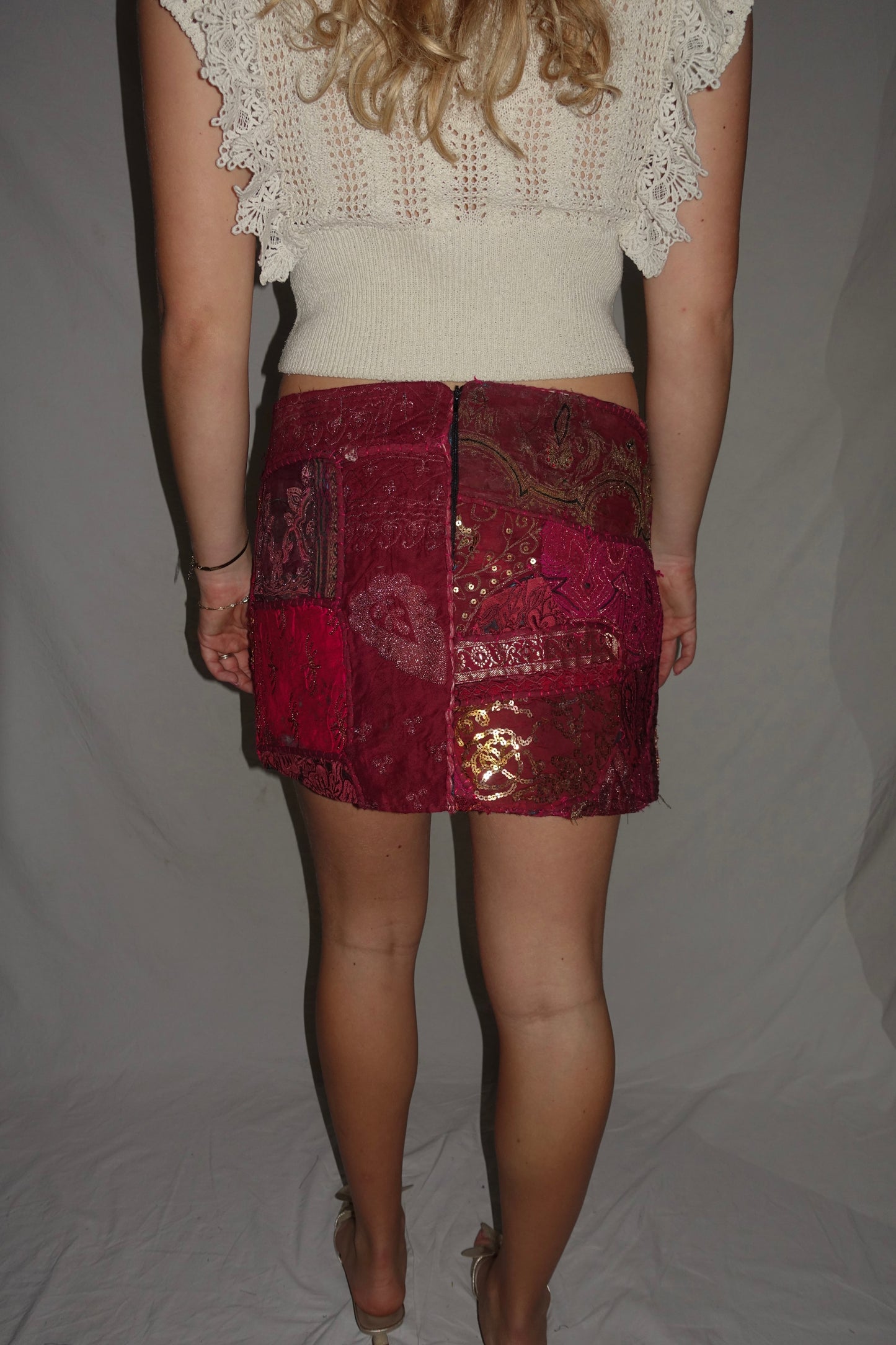 Vintage Sari Beaded Patchwork Bohemian Skirt - Reddish (XS-S)