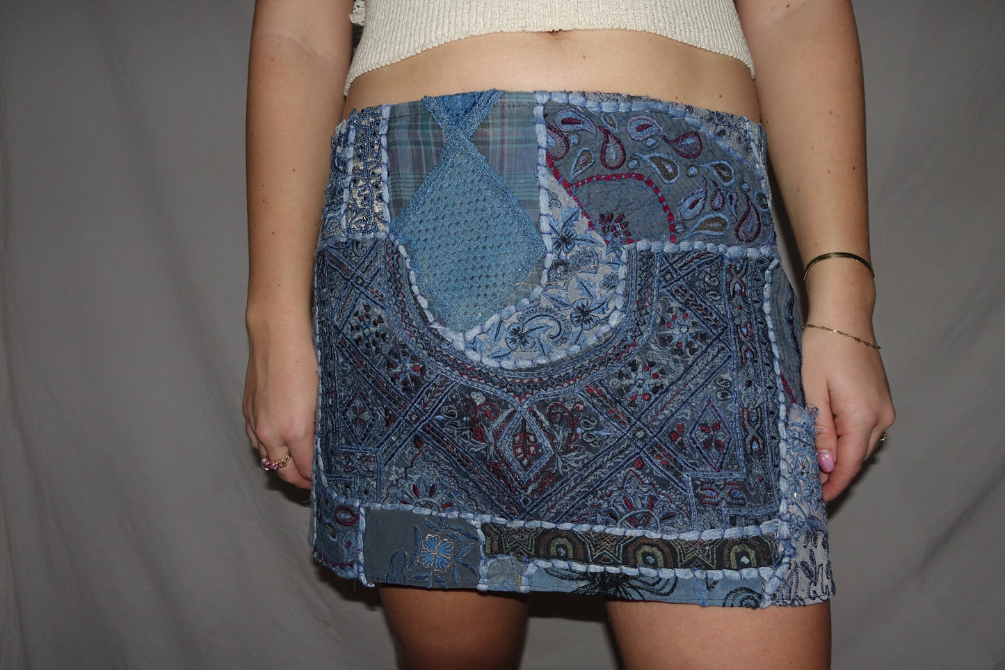 Vintage Sari Beaded Patchwork Bohemian Skirt - Light Grey Blue (XS-S)